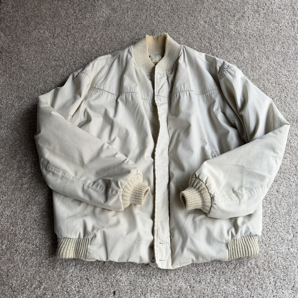 Vintage Catalina Varsity Jacket Mens 44 Long Beige Canvas Bomber Lined Zip Warm